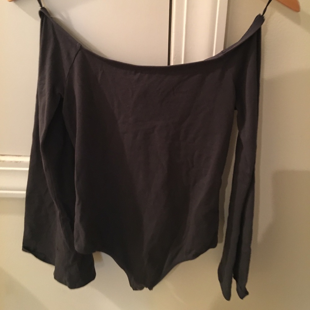 Gray bell sleeve scoop back off shoulder bodysuit